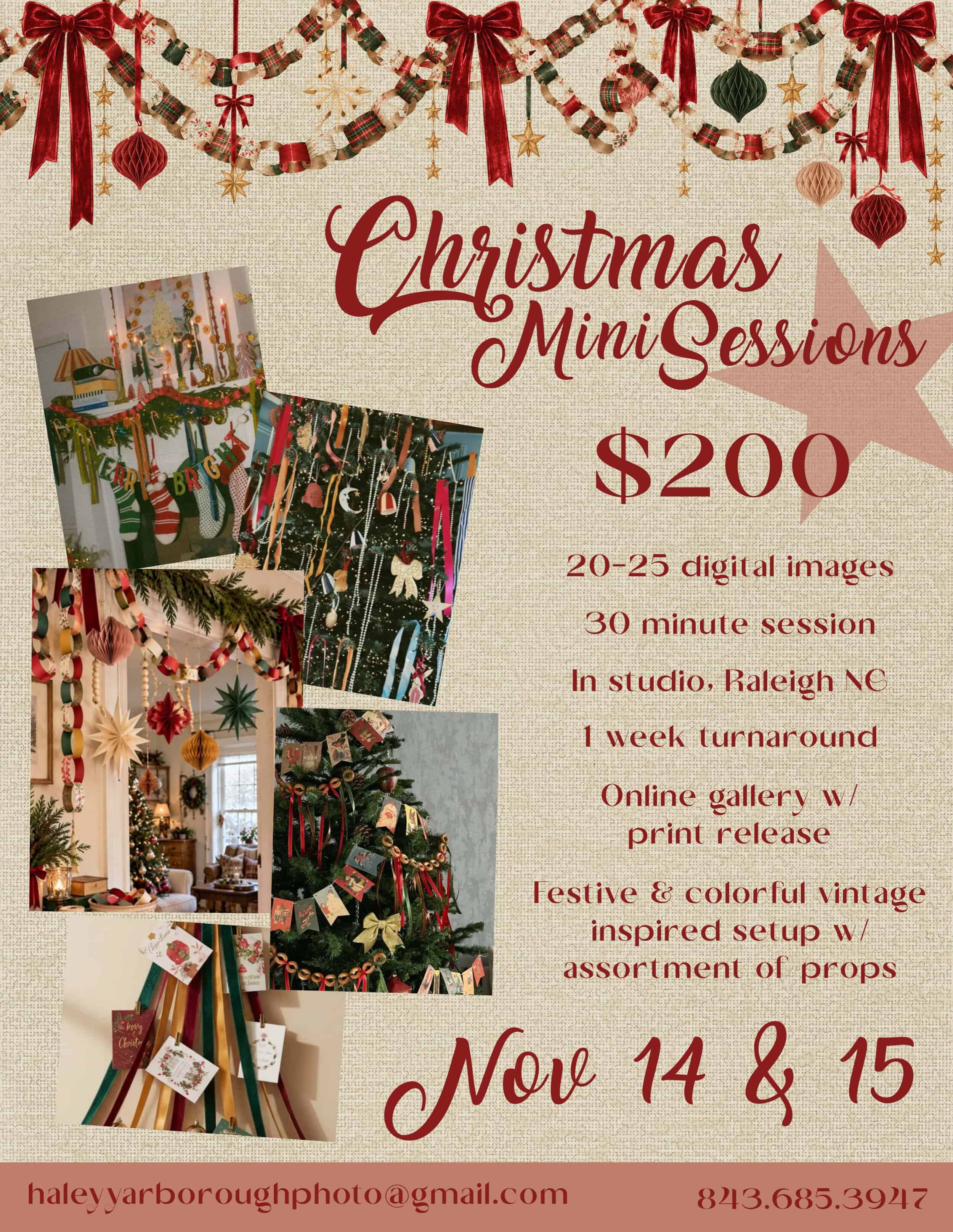 🎄 CHRISTMAS MINI SESSIONS | RALEIGH, NC 🎄

Christmas minis are back! This year, I’m going for a nostalgic, vintage Christmas look with a deep green backdrop, colorful paper garlands, velvet bows, and classic holiday details.

These sessions are perfect for updating your family photos, getting pictures of the kids, or capturing a few sweet memories before the holidays.

✨ $200 per session
✨ 20–25 edited digital images
✨ November 14 & 15, 2026
✨ In-studio sessions in the Raleigh area
✨ Online gallery delivered within one week

I’ll also be sharing photos of the finished setup and a coordinating outfit color guide closer to the session dates to help you plan!

I’ll have appointments available throughout both days, with limited accommodations possible around that weekend.

📩 Interested in booking? Send me a DM, and I’ll help you find a time!

Save this post and share it with someone who needs updated Christmas photos this year! ❤️

#RaleighPhotographer #RaleighChristmasMinis #RaleighFamilyPhotographer #TriangleNCPhotographer #ChristmasMiniSessions