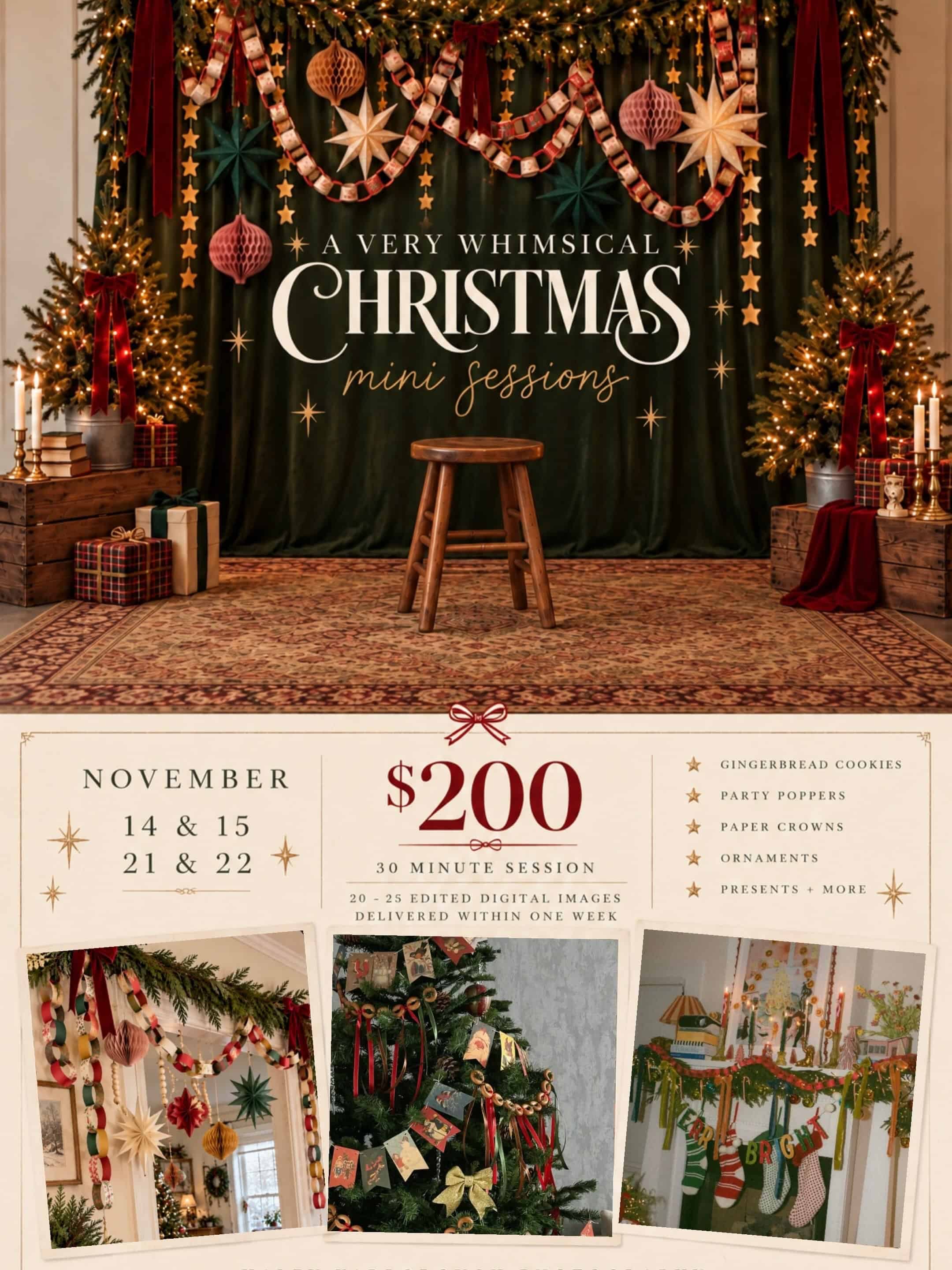 🎄 CHRISTMAS MINI SESSIONS | RALEIGH, NC 🎄

Christmas minis are back! This year, I’m going for a nostalgic, vintage Christmas look with a deep green backdrop, colorful paper garlands, velvet bows, and classic holiday details.

These sessions are perfect for updating your family photos, getting pictures of the kids, or capturing a few sweet memories before the holidays.

✨ $200 per session
✨ 20–25 edited digital images
✨ November 14 & 15 and 21 & 22, 2026
✨ In-studio sessions in the Raleigh area
✨ Online gallery delivered within one week

I’ll also be sharing photos of the finished setup and a coordinating outfit color guide closer to the session dates to help you plan!

I’ll have appointments available throughout both weekends, with limited accommodations possible around that time.

📩 Interested in booking? Send me a DM, and I’ll help you find a time!

#RaleighPhotographer #RaleighChristmasMinis #RaleighFamilyPhotographer #TriangleNCPhotographer #ChristmasMiniSessions